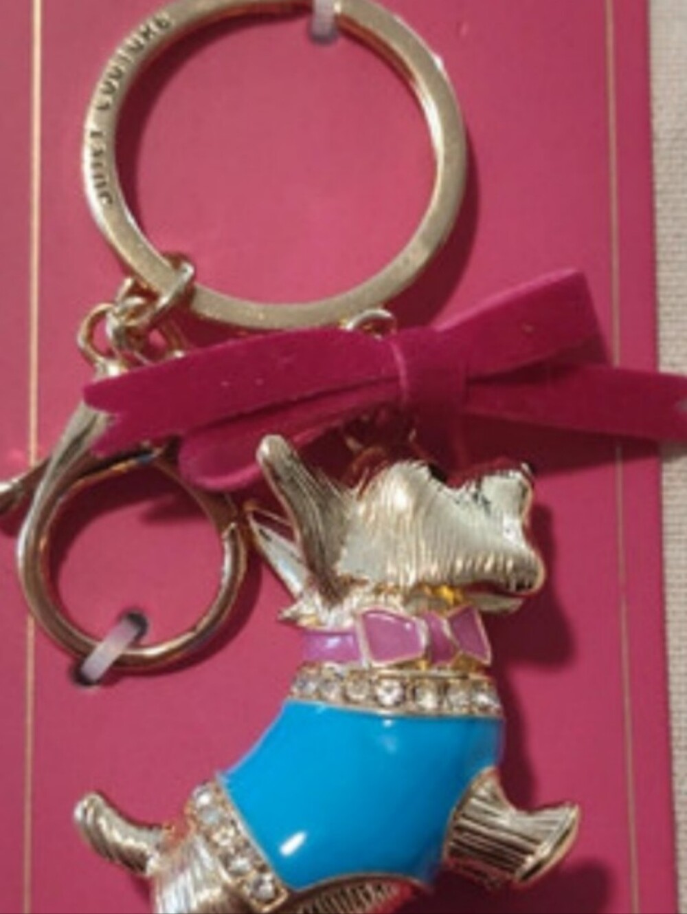 Juicy Couture Gold Scottie Dog Keychain with Blue Sweater & Pink Bow 2 X2 X4 New - Picture 4 of 6